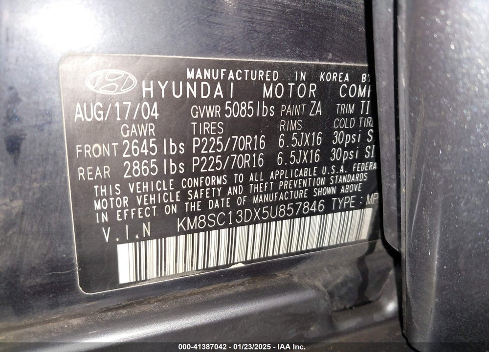 2005 HYUNDAI SANTA FE GLS VIN: KM8SC13DX5U857846