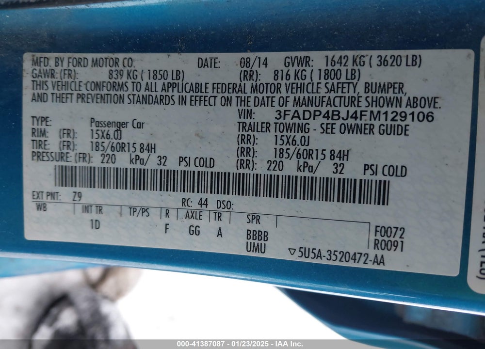 2015 FORD FIESTA VIN: 3FADP4BJ4FM129106