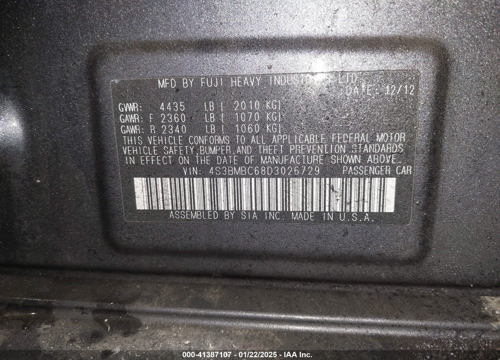 2013 SUBARU LEGACY VIN: 4S3BMBC68D3026729
