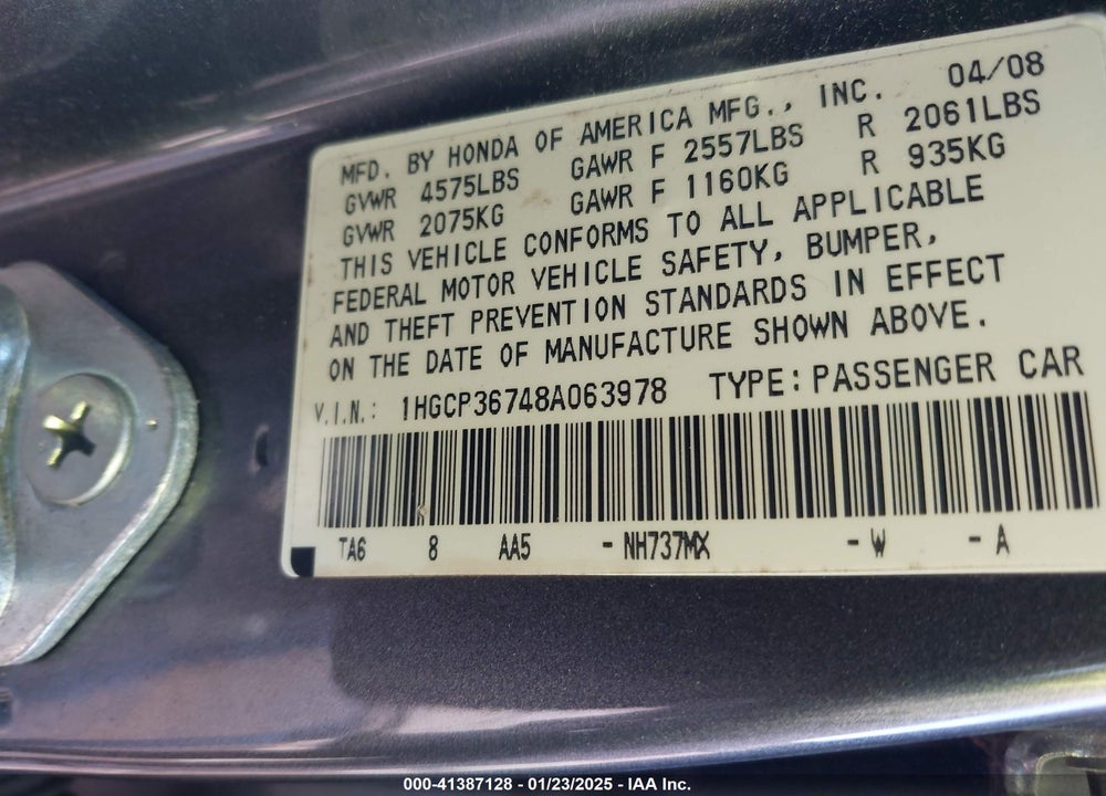 2008 HONDA ACCORD 3.5 EX VIN: 1HGCP36748A063978