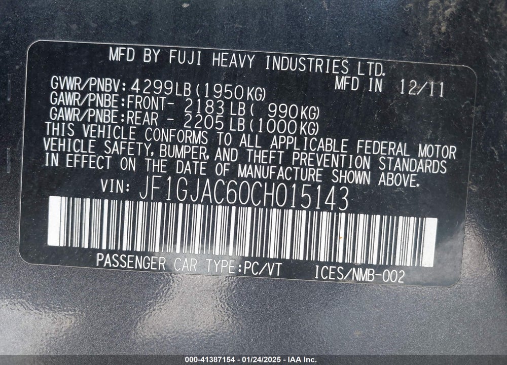 2012 SUBARU IMPREZA 2.0I PREMIUM VIN: JF1GJAC60CH015143