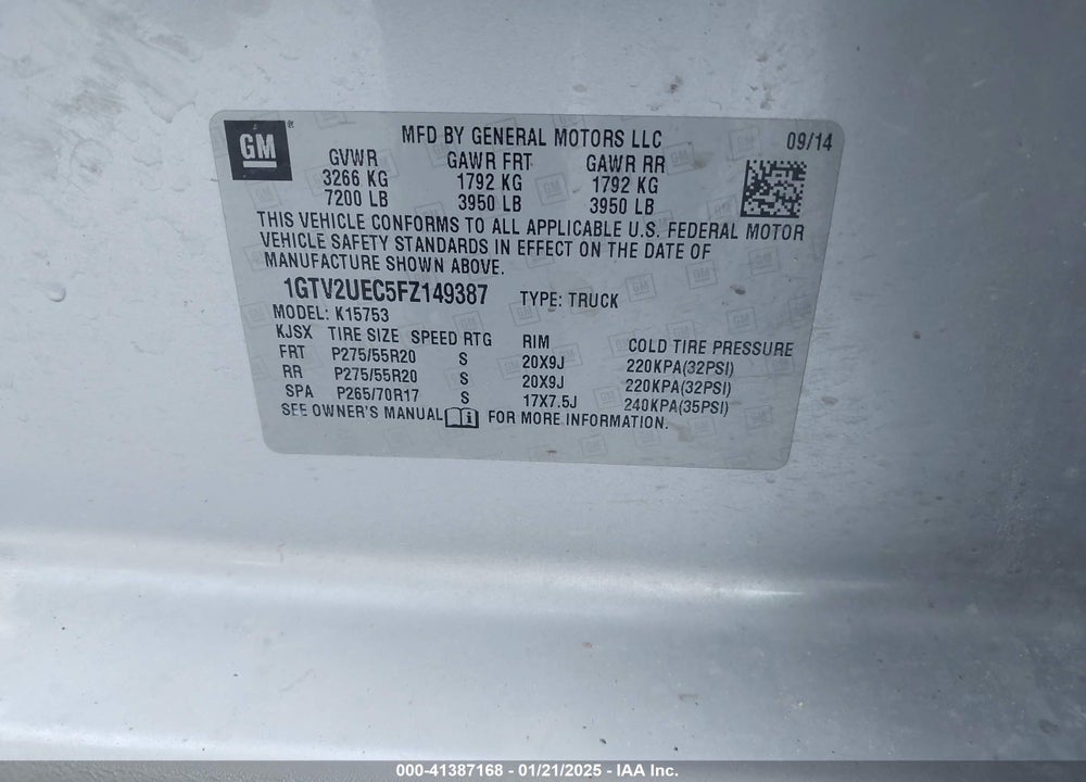 2015 GMC SIERRA 1500 SLE VIN: 1GTV2UEC5FZ149387