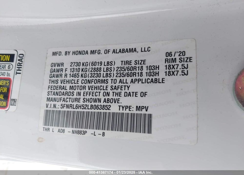 2020 HONDA ODYSSEY EX VIN: 5FNRL6H52LB063852