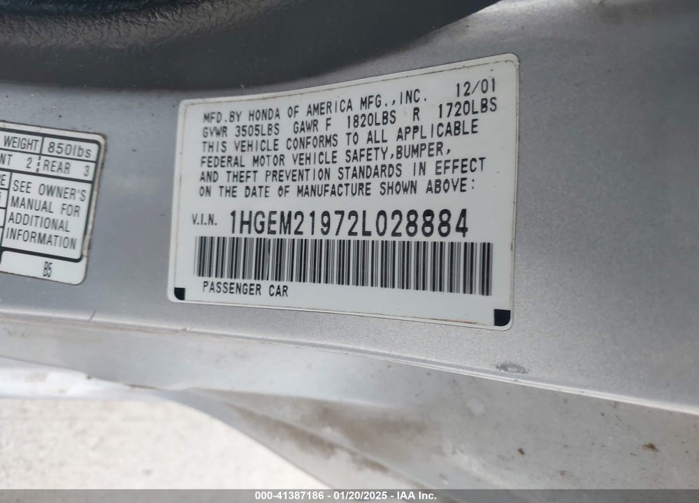 2002 HONDA CIVIC EX VIN: 1HGEM21972L028884