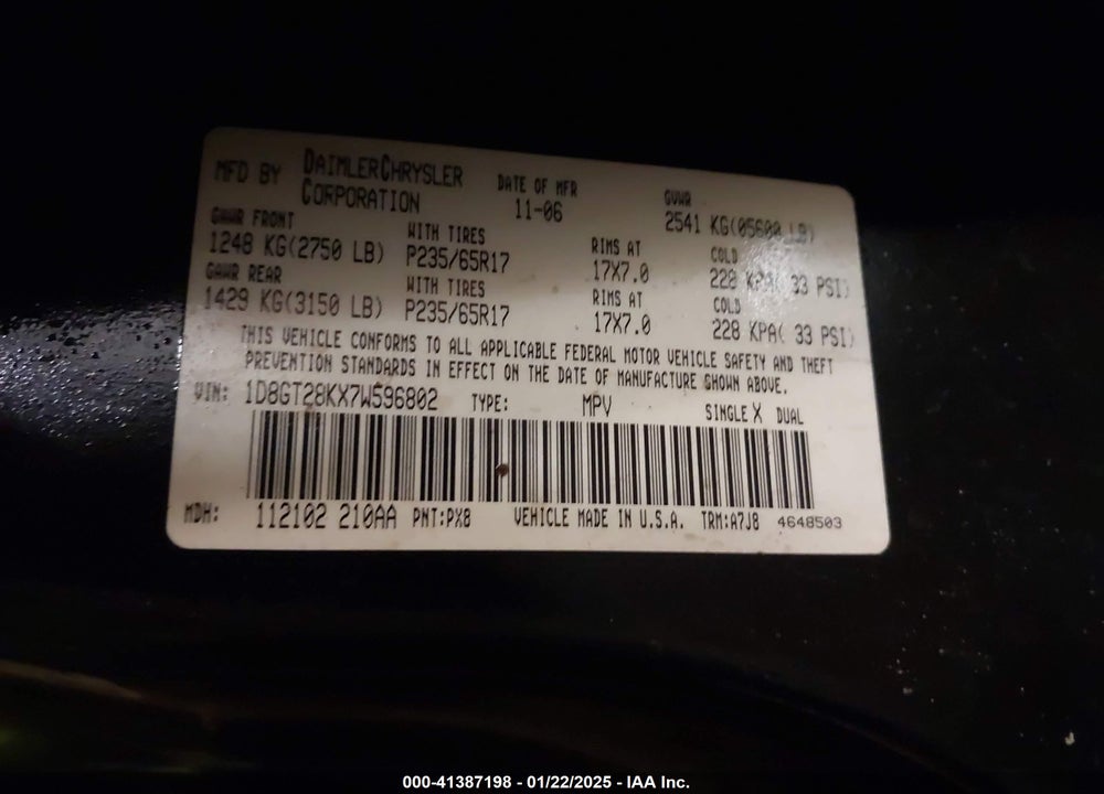 2007 DODGE NITRO VIN: 1D8GT28KX7W596802