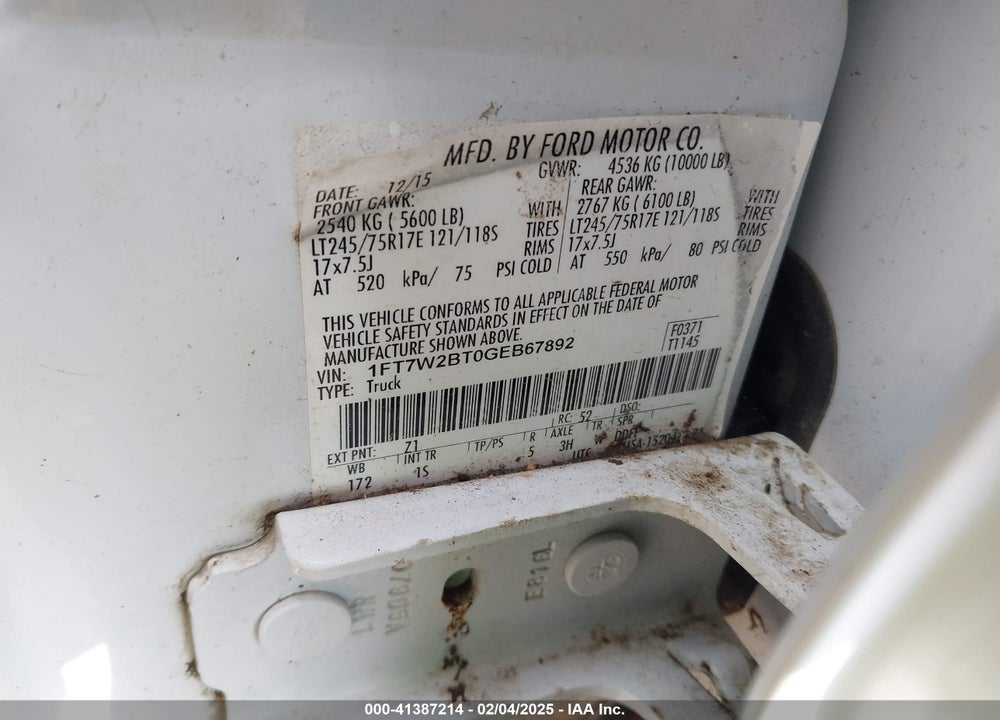 2016 FORD F-250 VIN: 1FT7W2BT0GEB67892