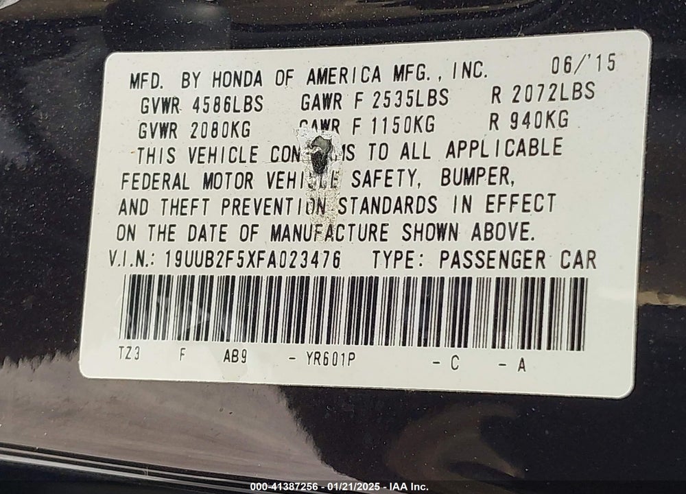 2015 ACURA TLX VIN: 19UUB2F5XFA023476