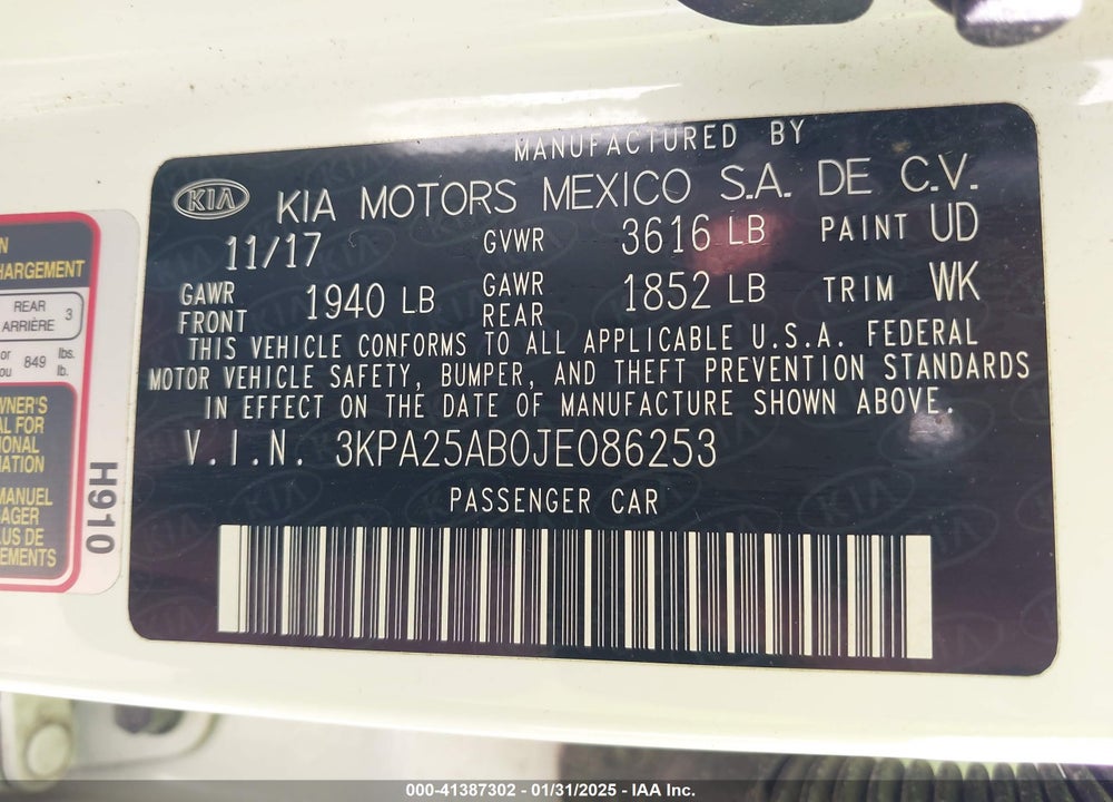 2018 KIA RIO VIN: 3KPA25AB0JE086253