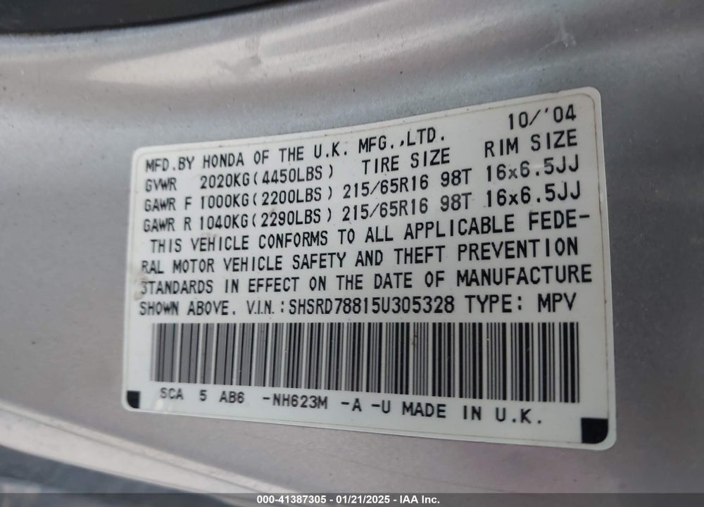 2005 HONDA CR-V EX VIN: SHSRD78815U305328
