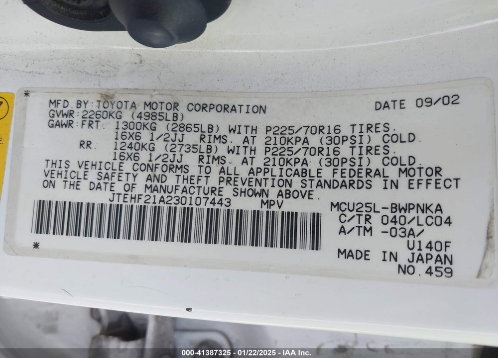 2003 TOYOTA HIGHLANDER LIMITED V6 VIN: JTEHF21A230107443