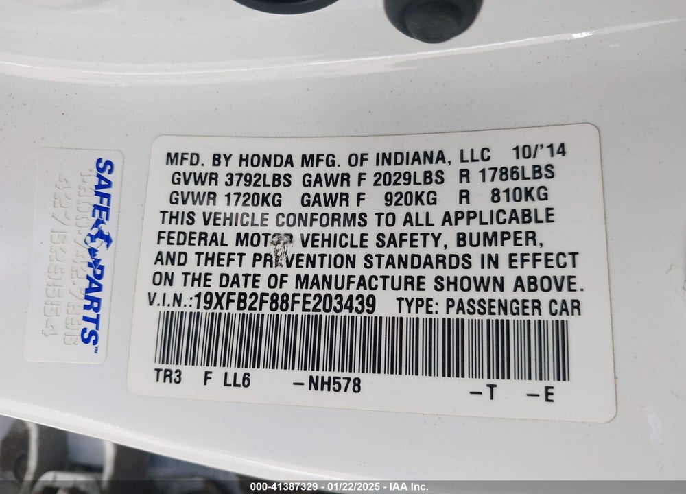 2015 HONDA CIVIC VIN: 19XFB2F88FE203439