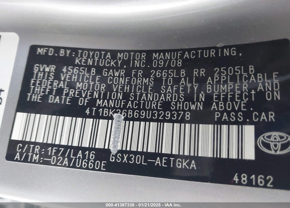 2009 TOYOTA AVALON VIN: 4T1BK36B69U329378