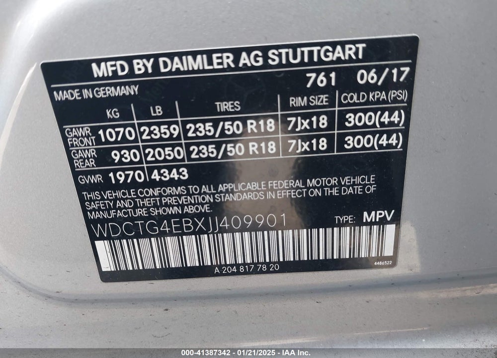 2018 MERCEDES-BENZ GLA 250 VIN: WDCTG4EBXJJ409901