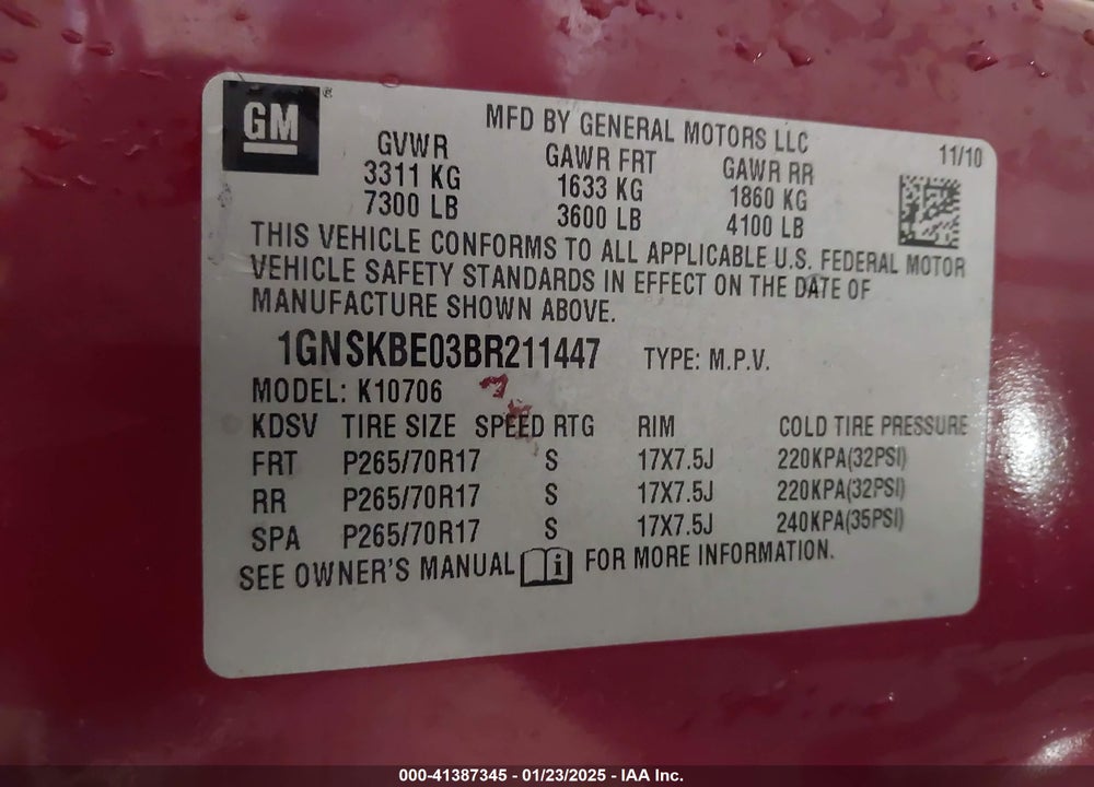 2011 CHEVROLET TAHOE VIN: 1GNSKBE03BR211447