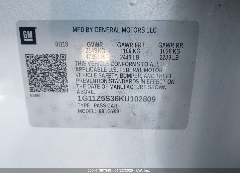 2019 CHEVROLET IMPALA VIN: 1G11Z5S36KU102809