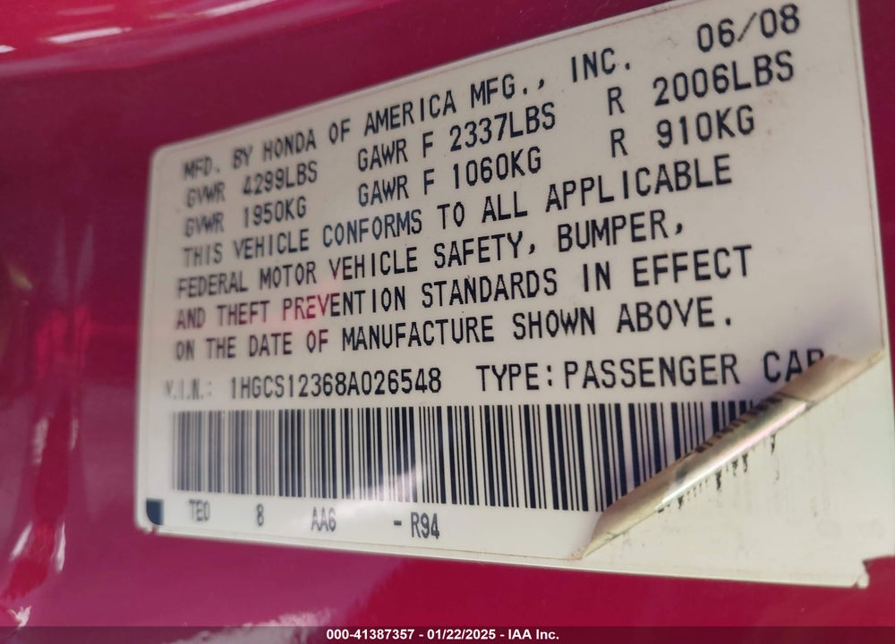 2008 HONDA ACCORD 2.4 LX-S VIN: 1HGCS12368A026548