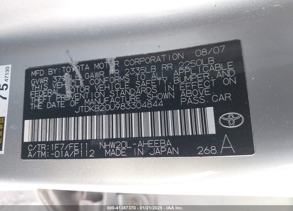 2008 TOYOTA PRIUS VIN: JTDKB20U983304844