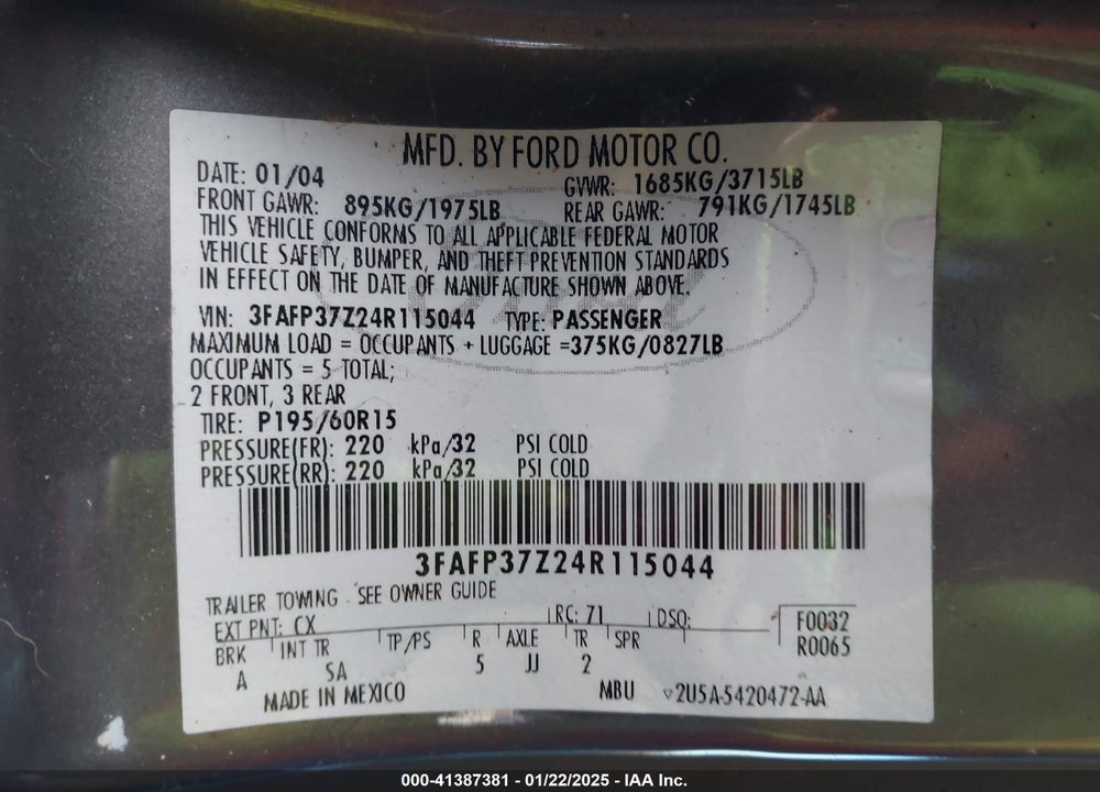 2004 FORD FOCUS ZX5 VIN: 3FAFP37Z24R115044
