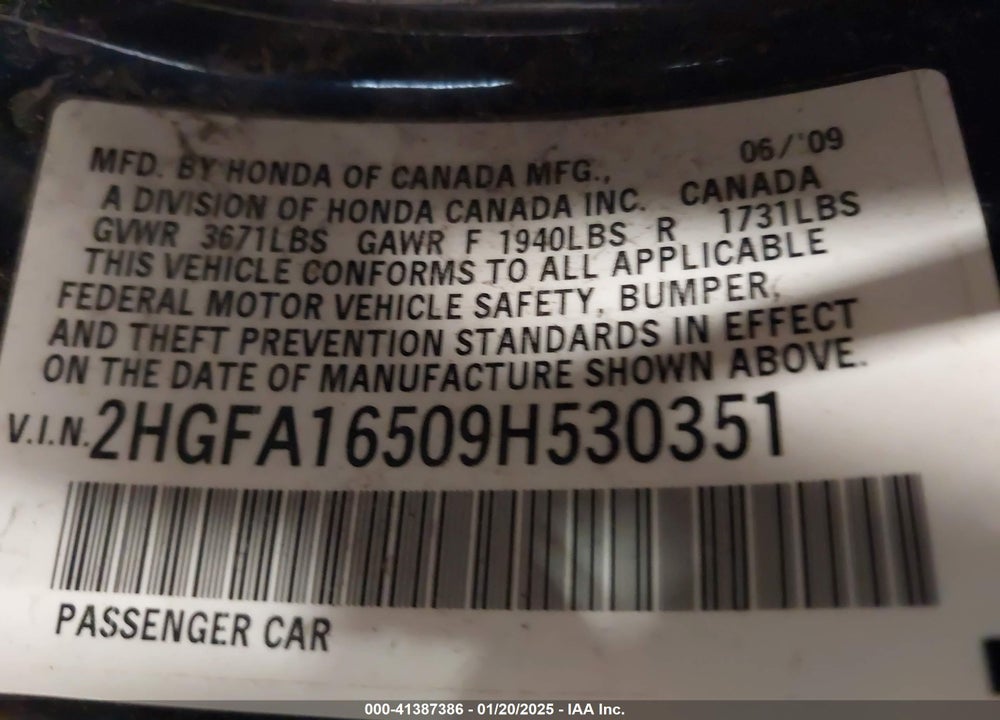 2009 HONDA CIVIC LX VIN: 2HGFA16509H530351