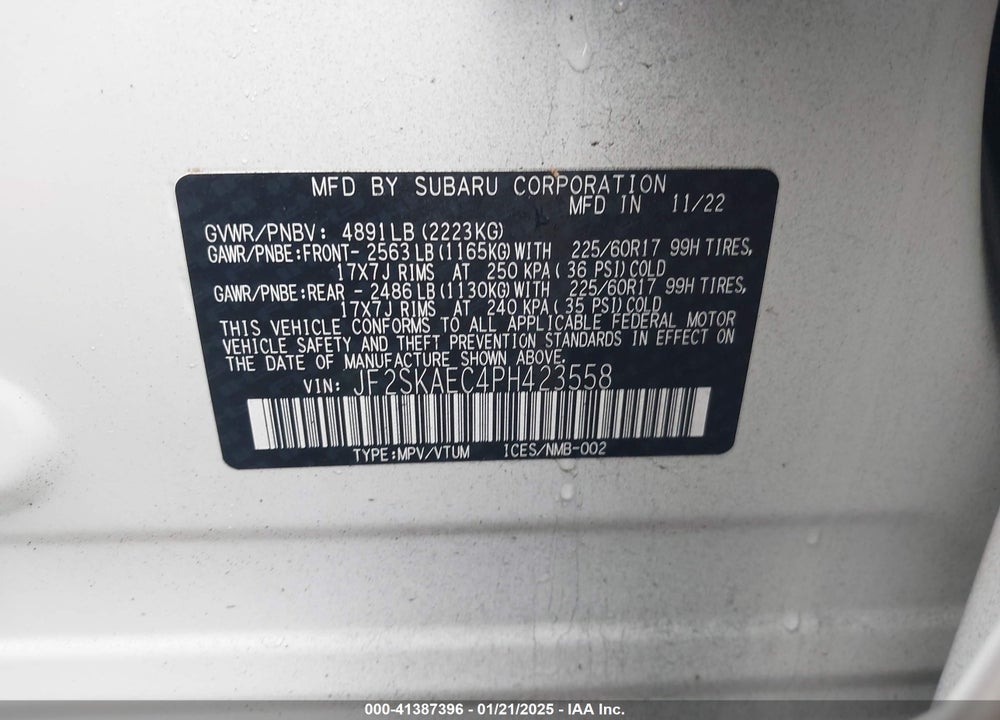2023 SUBARU FORESTER PREMIUM VIN: JF2SKAEC4PH423558