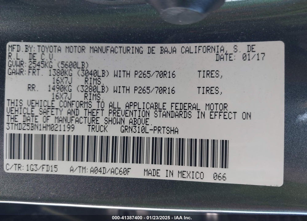 2017 TOYOTA TACOMA VIN: 3TMDZ5BN1HM021199