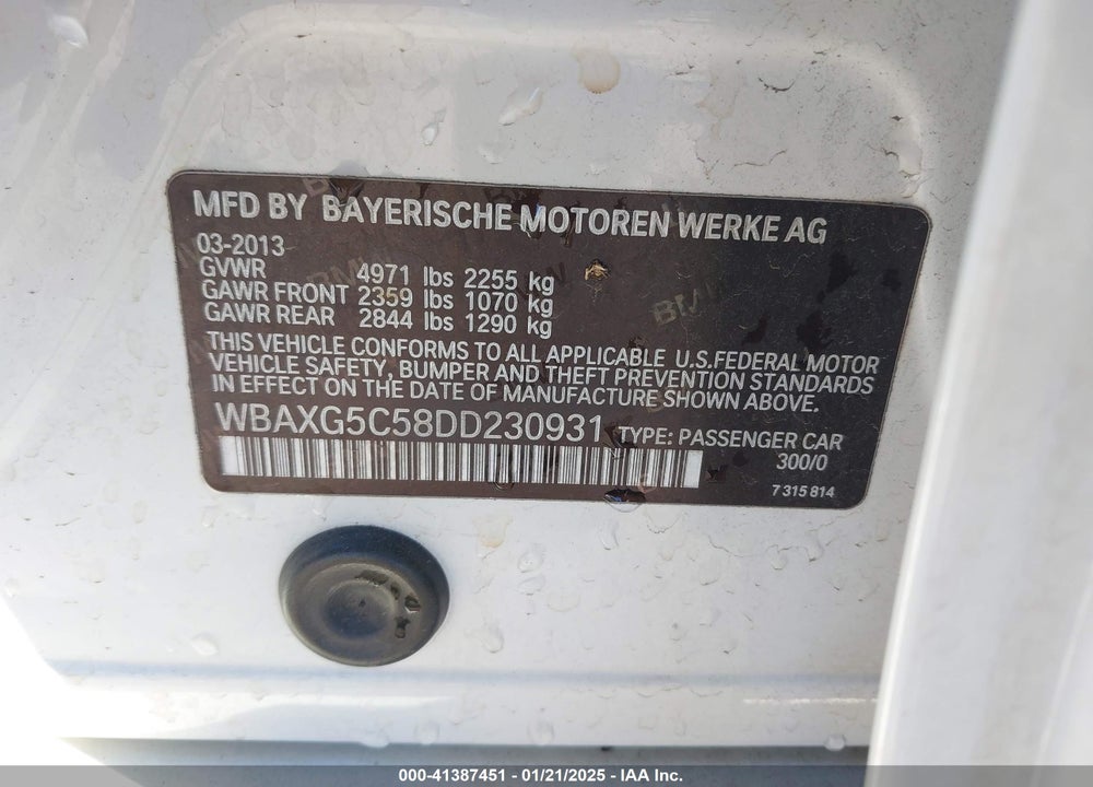 2013 BMW 528I VIN: WBAXG5C58DD230931