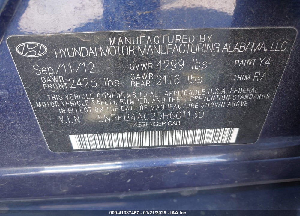 2013 HYUNDAI SONATA GLS VIN: 5NPEB4AC2DH601130