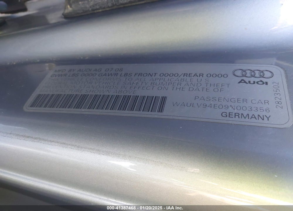 2009 AUDI A8 VIN: WAULV94E09N003356
