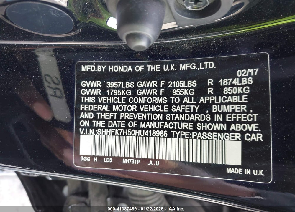 2017 HONDA CIVIC EX VIN: SHHFK7H50HU418986