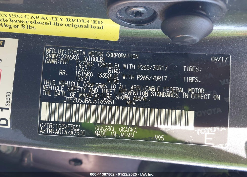 2018 TOYOTA 4RUNNER SR5 VIN: JTEZU5JR6J5169851