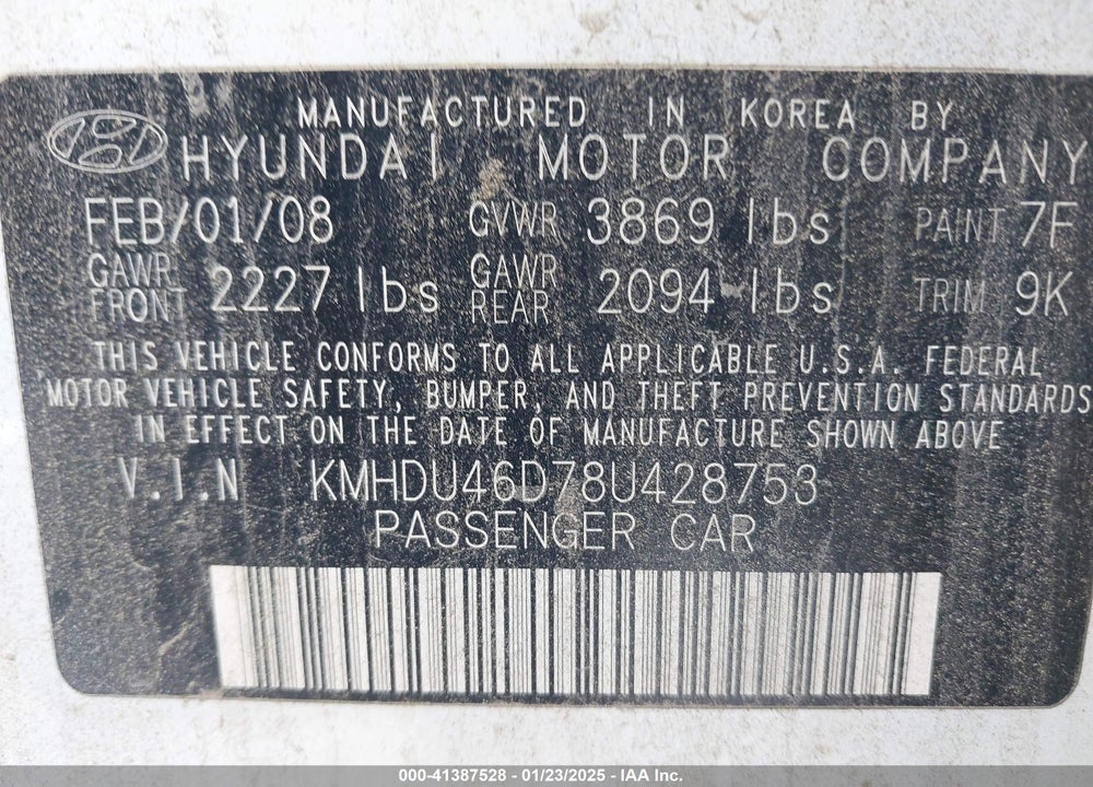 2008 HYUNDAI ELANTRA VIN: KMHDU46D78U428753