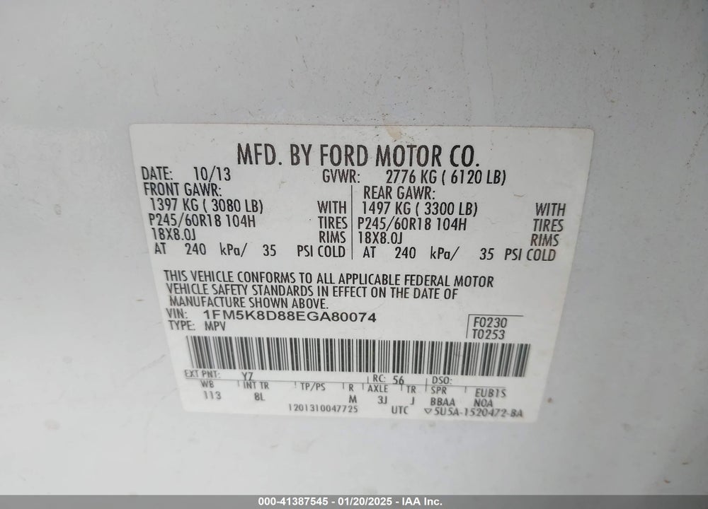 2014 FORD EXPLORER XLT VIN: 1FM5K8D88EGA80074