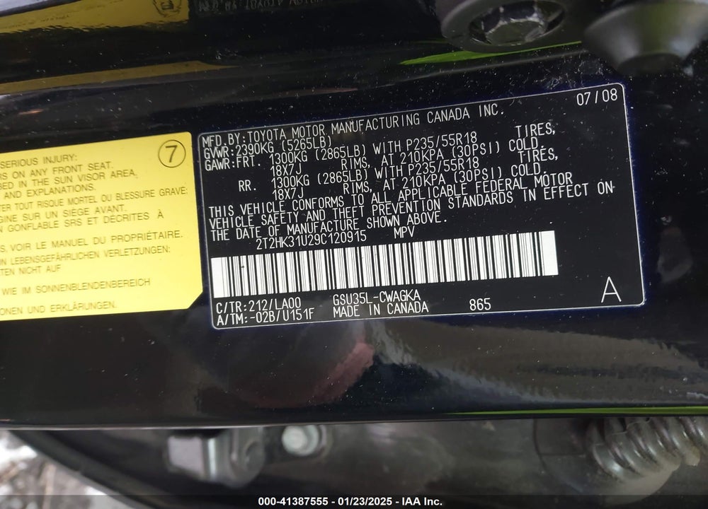 2009 LEXUS RX 350 VIN: 2T2HK31U29C120915