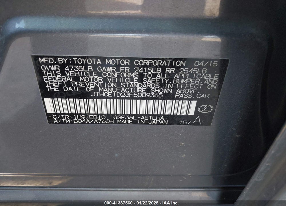 2015 LEXUS IS 350 VIN: JTHCE1D23F5009365