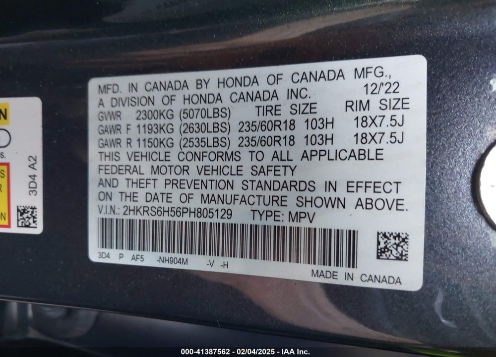2023 HONDA CR-V VIN: 2HKRS6H56PH805129
