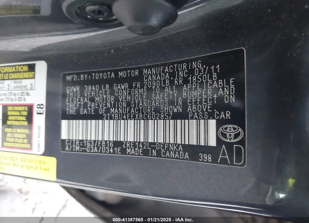 2011 TOYOTA COROLLA VIN: 2T1BU4EEXBC602857