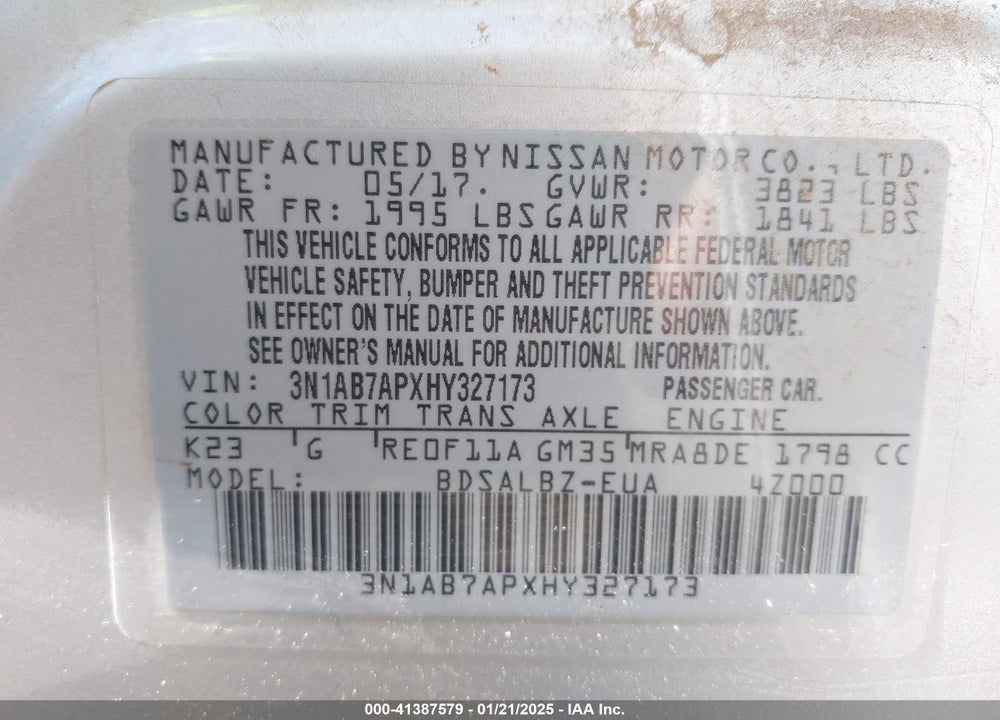 2017 NISSAN SENTRA VIN: 3N1AB7APXHY327173