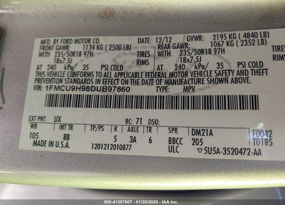 2013 FORD ESCAPE SEL VIN: 1FMCU9H98DUB97860