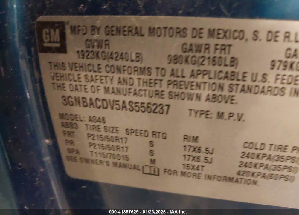 2010 CHEVROLET HHR LT VIN: 3GNBACDV5AS556237