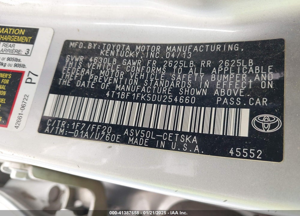 2013 TOYOTA CAMRY VIN: 4T1BF1FK5DU254660