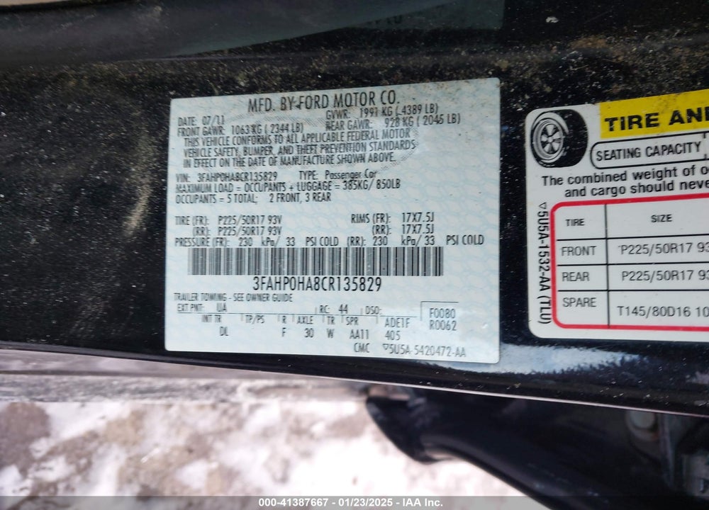 2012 FORD FUSION SE VIN: 3FAHP0HA8CR135829