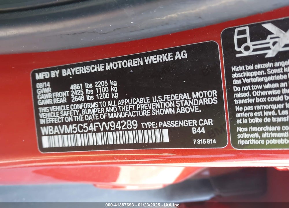 2015 BMW X1 XDRIVE35I VIN: WBAVM5C54FVV94289