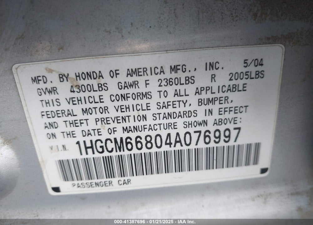 2004 HONDA ACCORD 3.0 EX VIN: 1HGCM66804A076997