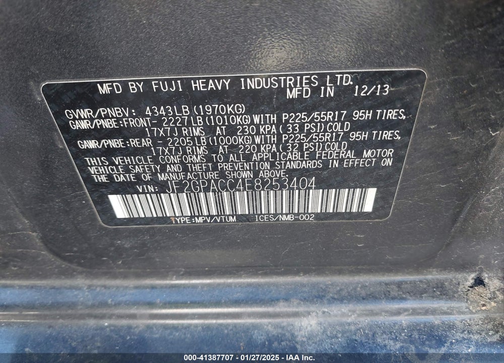 2014 SUBARU XV CROSSTREK VIN: JF2GPACC4E8253404