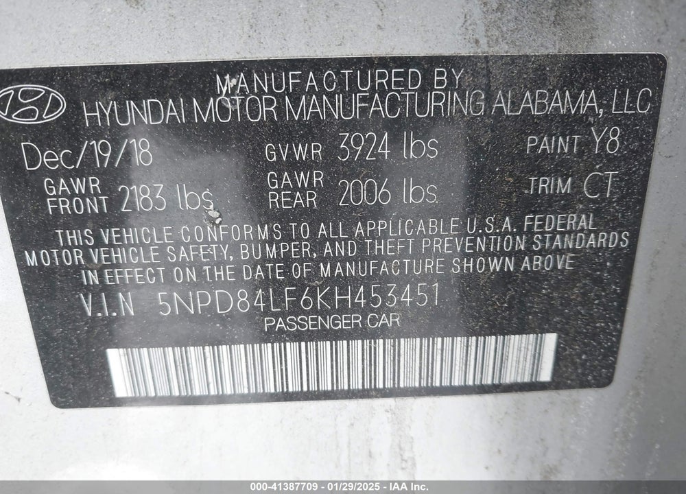2019 HYUNDAI ELANTRA VIN: 5NPD84LF6KH453451