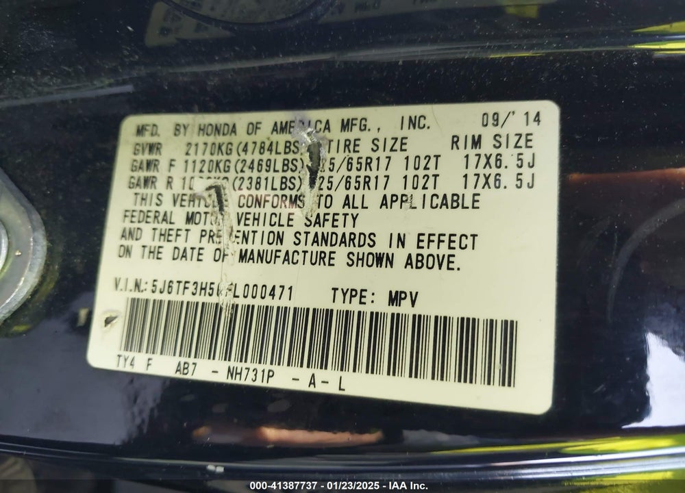 2015 HONDA CROSSTOUR EX-L VIN: 5J6TF3H56FL000471