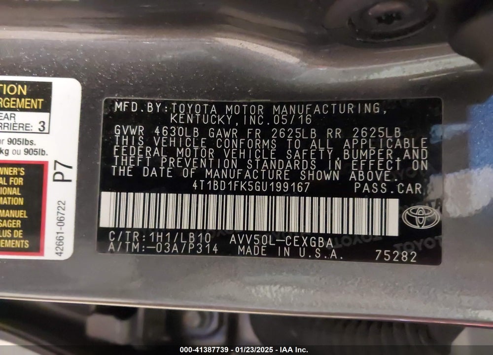 2016 TOYOTA CAMRY VIN: 4T1BD1FK5GU199167