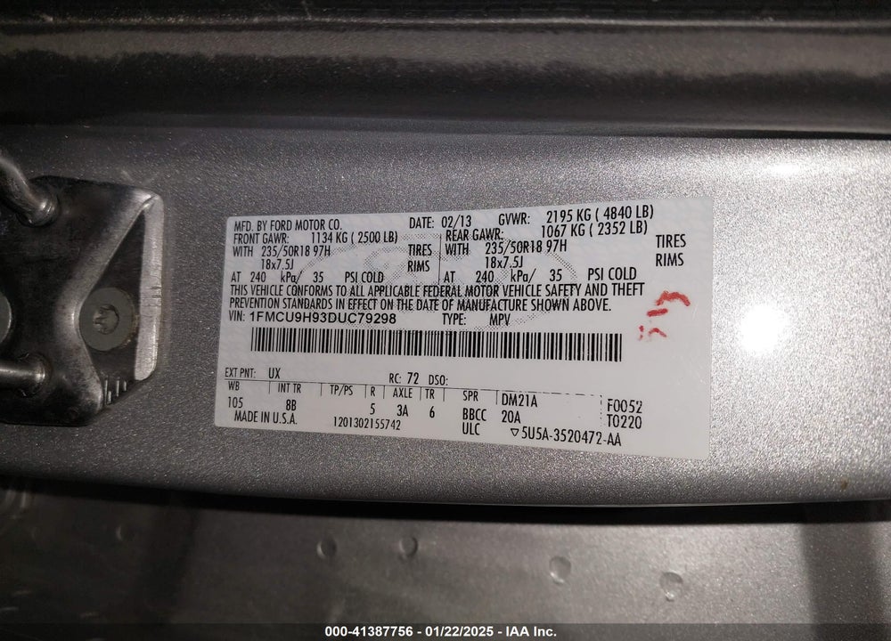 2013 FORD ESCAPE SEL VIN: 1FMCU9H93DUC79298