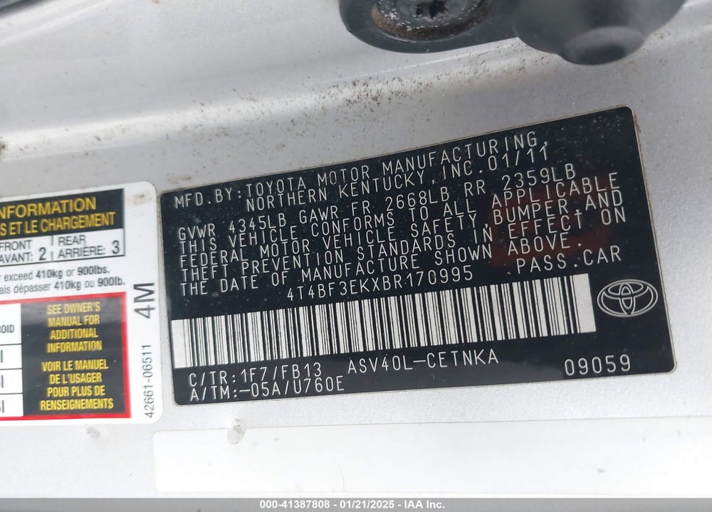 2011 TOYOTA CAMRY VIN: 4T4BF3EKXBR170995