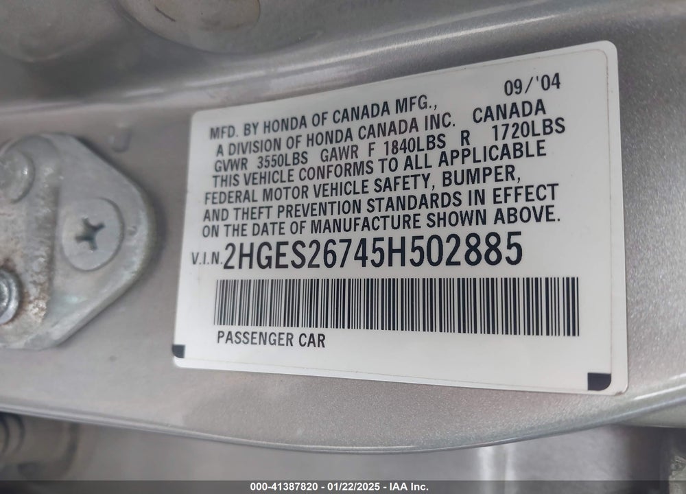 2005 HONDA CIVIC EX VIN: 2HGES26745H502885